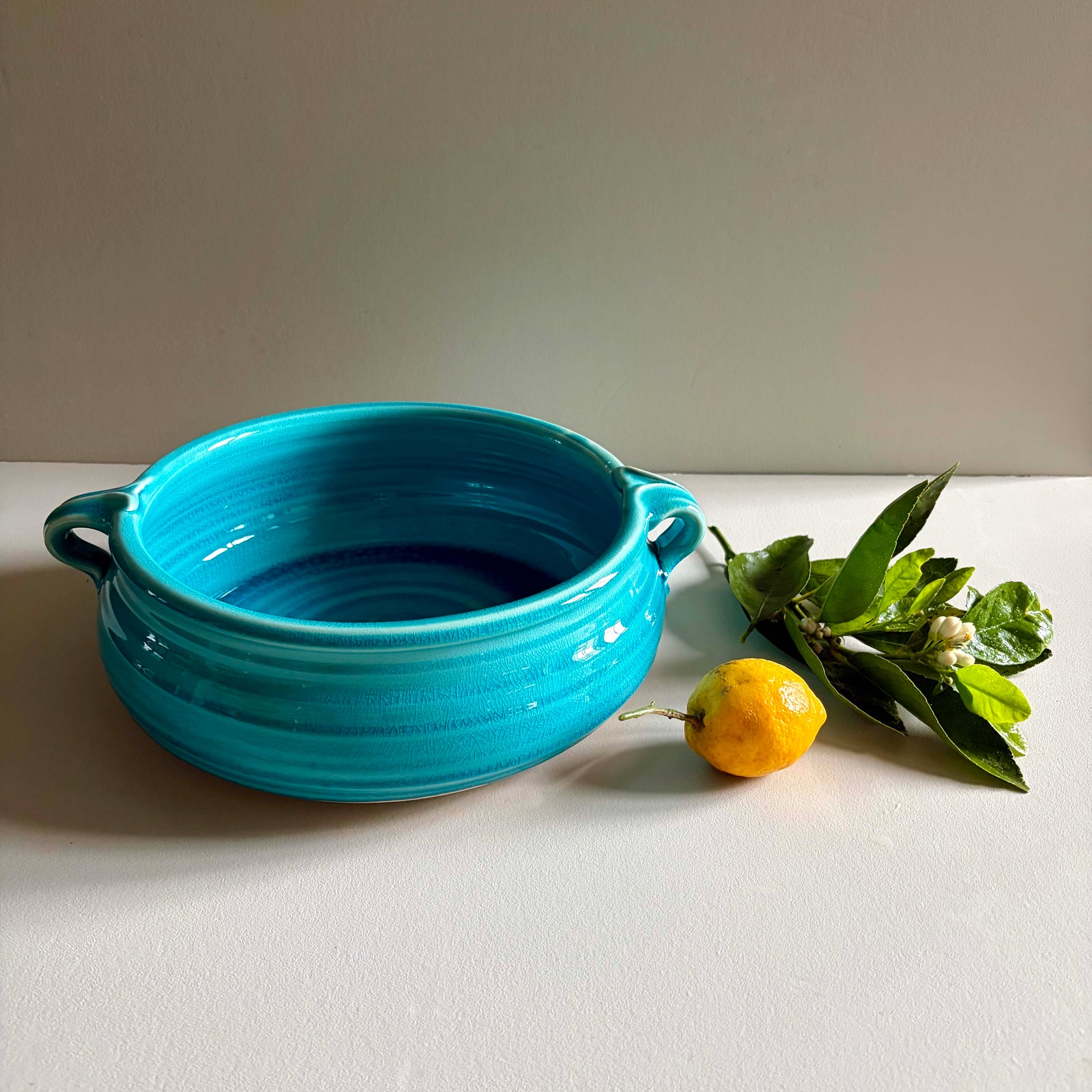 Rounded Bowl w Handles - Turquoise
