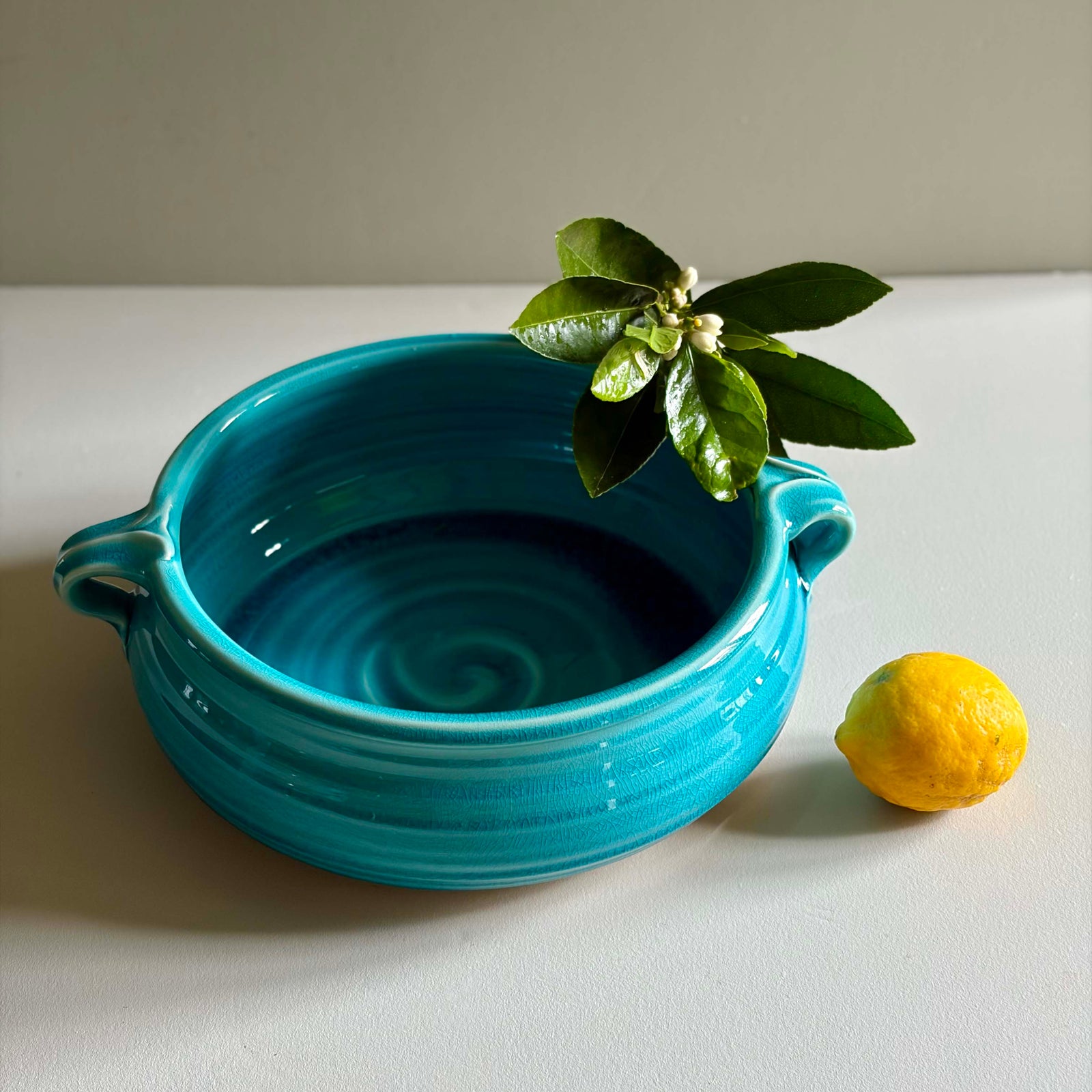 Rounded Bowl w Handles - Turquoise